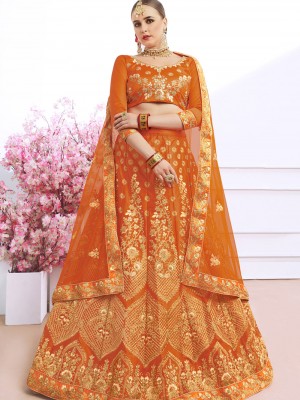 Beautiful Orange Silk Embroidered Work Designer Lehenga Choli