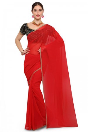 Charming Red Georgette Border Work Casual Saree