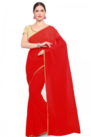 Desirable Red Georgette Border Work Casual Saree