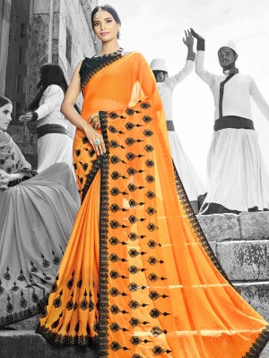 Ultimate Orange Chiffon Thread and Border Work Designer Saree