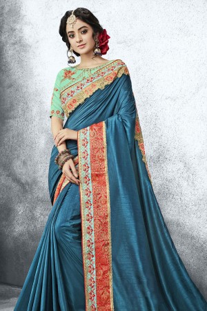 Lovely Blue Moss Fabric Embroidered Designer Saree