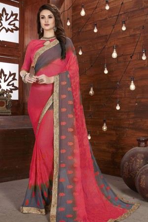 Lovely Pink Chiffon Embroidered Casual Saree