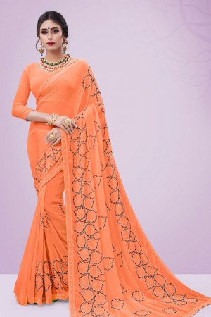Beautiful Orange Chiffon Casual Embroidered Saree
