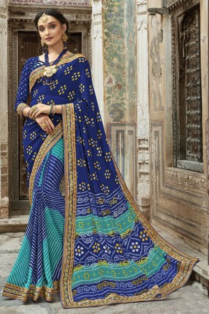 Stylish Blue Georgette Embroidered Party Wear Saree