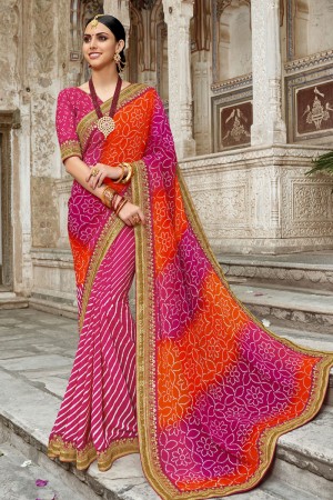 Supreme Orange and Pink Georgette Embroidered Party Wear Saree