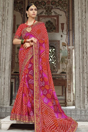 Classic Red Georgette Embroidered Party Wear Saree