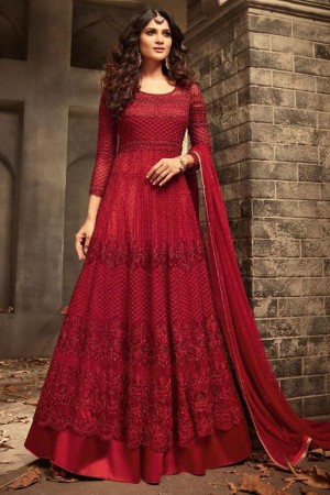 Stylish Red Net Designer Embroidered Work Anarakli Salwar Suit With Net Dupatta