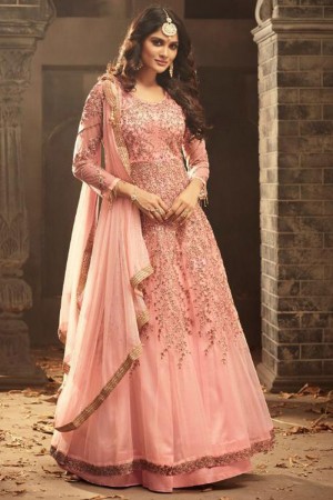 Lovely Pink Net Designer Embroidered Work Anarakli Salwar Suit With Net Dupatta