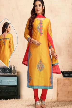 Beautiful Mustard Chanderi Embroidered Work Salwar Suit With Chiffon Dupatta