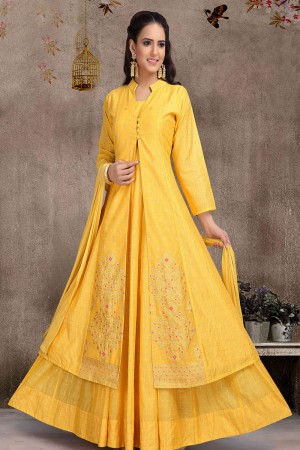 Excellent Yellow Art Silk Embroidered Work Anarkali Salwar Suit