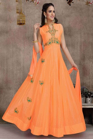 Graceful Orange Art Silk Embroidered Work Anarkali Salwar Suit With Chiffon Dupatta