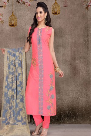 Lovely Pink Art Silk Designer Embroidered Work Salwar Suit With Chiffon Dupatta