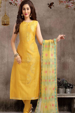 Pretty Yellow Cotton Embroidered Work Salwar Suit With Chiffon Dupatta