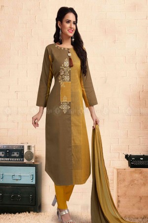 Ultimate Mustard and Chikoo Cotton Embroidered Work Salwar Suit