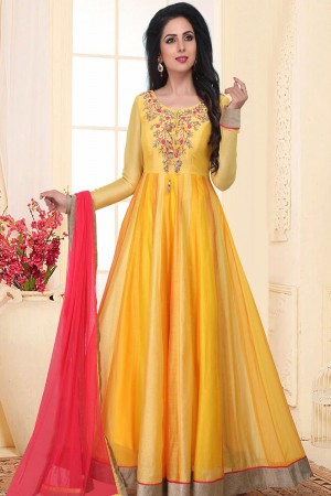 Desirable Yellow Chanderi Embroidered Work Anarkali Salwar Suit