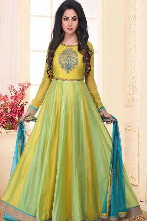 Pretty Yellow and Green Chanderi Embroidered Work Anarkali Salwar Suit