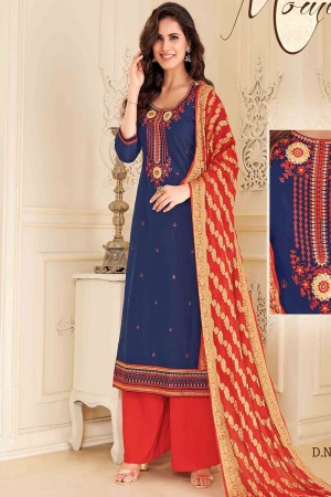 Gorgeous Blue Chanderi Embroidered Work Plazo Salwar Suit