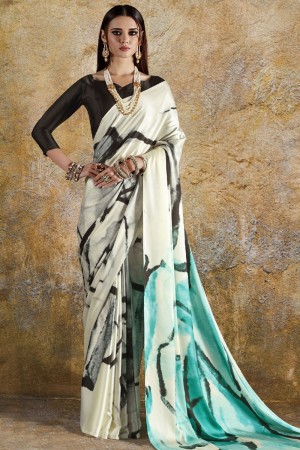 Pretty Off White and Blue Crepe and Satin Printed Casual Saree