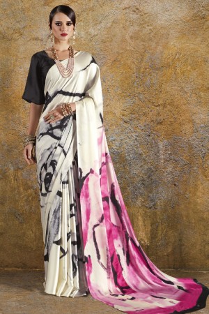Graceful Off White and Orange Crepe and Satin Printed Casual Saree