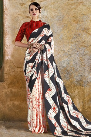 Charming Off White and Red Crepe and Satin Printed Casual Saree