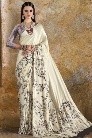 Excellent Off White Crepe and Satin Casual Printed Saree