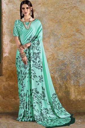 Ultimate Turquoise Crepe and Satin Printed Casual Saree