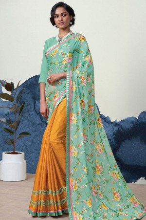 Stylish Teal and Mustard Georgette Casual Printed Saree