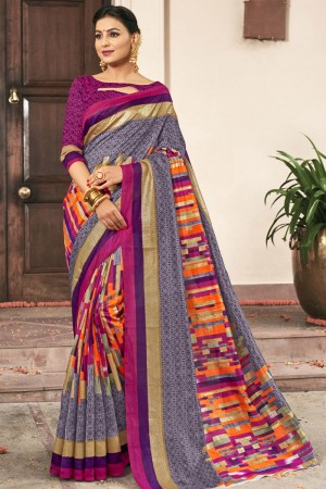 Desirable Purple Bhagalpuri Silk Printed Designer Saree
