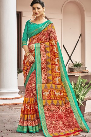 Excellent Green and Orange Bhagalpuri Silk Printed Designer Saree