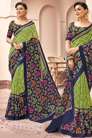 Gorgeous Green Bhagalpuri Silk Printed Designer Saree