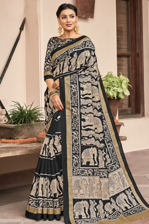 Pretty Black Bhagalpuri Silk Printed Designer Saree