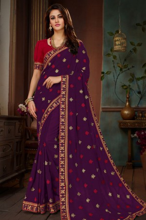 Classic Purple Silk Embroidered Designer Saree With Banglori Silk Blouse