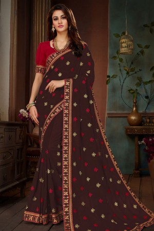 Charming Coffee Silk Embroidered Designer Saree With Banglori Silk Blouse