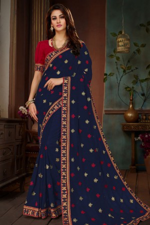 Admirable Navy Blue Silk Embroidered Saree With Banglori Silk Blouse