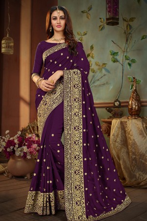 Gorgeous Violet Silk Embroidered Designer Saree With Banglori Silk Blouse