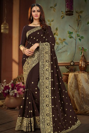 Optimum Brown Silk Embroidered Designer Saree With Banglori Silk Blouse