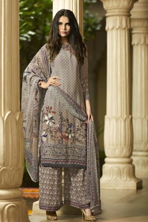 Lovely Grey Crepe Printed Plazo Salwar Suit With Nazmin Dupatta