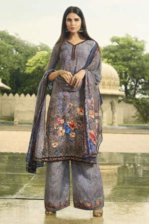 Admirable Grey Designer Printed Plazo Salwar Suit With Nazmin Dupatta
