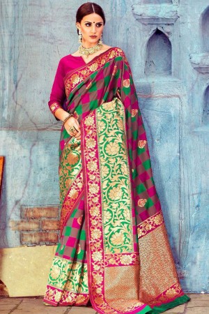 Lovely Pink and Green Banarasi Silk Jaquard Work Silk Saree With Banarasi Silk Blouse