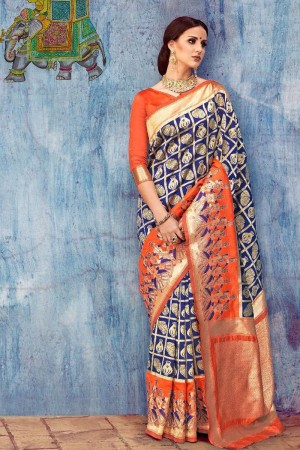 Supreme Blue and Orange Banarasi Silk Jaquard Work Silk Saree With Banarasi Silk Blouse