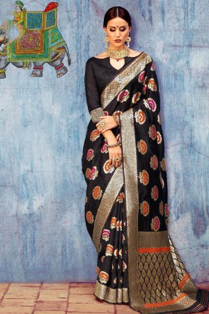 Excellent Black Banarasi Silk Jaquard Work Silk Saree With Banarasi Silk Blouse