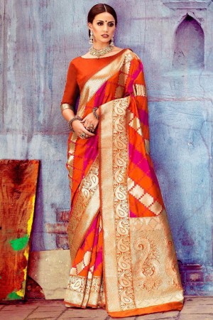Pretty Orange Banarasi Silk Jaquard Work Silk Saree With Banarasi Silk Blouse