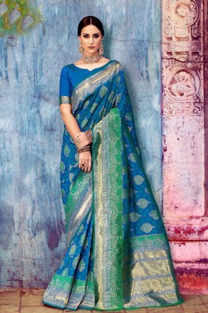Stylish Blue Banarasi Silk Jaquard Work Silk Saree With Banarasi Silk Blouse