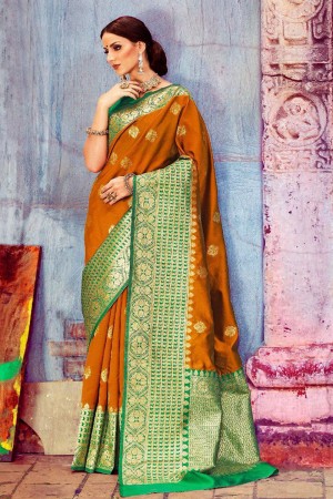 Charming Mustard Banarasi Silk Jaquard Work Silk Saree With Banarasi Silk Blouse