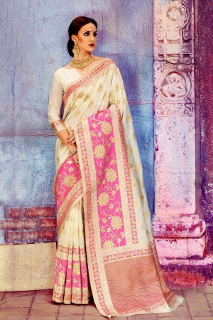 Classic Off White Banarasi Silk Silk Jaquard Work Saree With Banarasi Silk Blouse