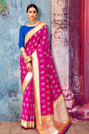 Gorgeous Pink Banarasi Silk Jaquard Work Silk Saree With Banarasi Silk Blouse