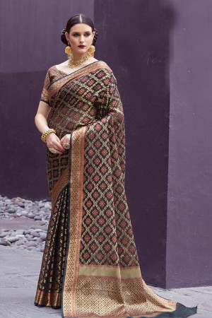 Lovely Black Jaquard Work Silk Saree With Silk Blouse