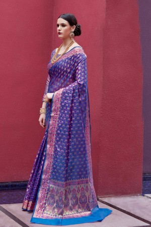 Excellent Blue Jaquard Work Silk Saree With Silk Blouse
