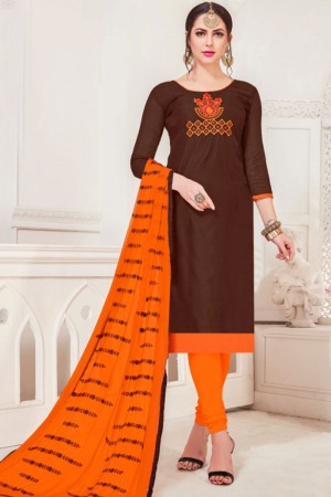 Admirable Coffee Silk Designer Embroidered Casual Salwar Suit With Net Dupatta