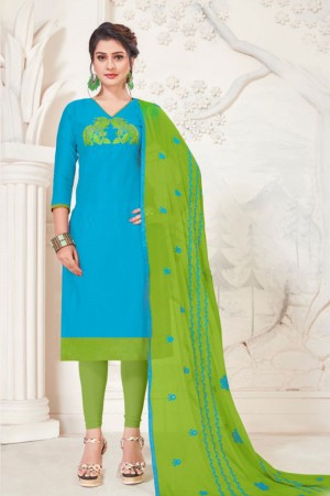 Supreme Sky Blue Silk Embroidered Casual Salwar Suit With Net Dupatta